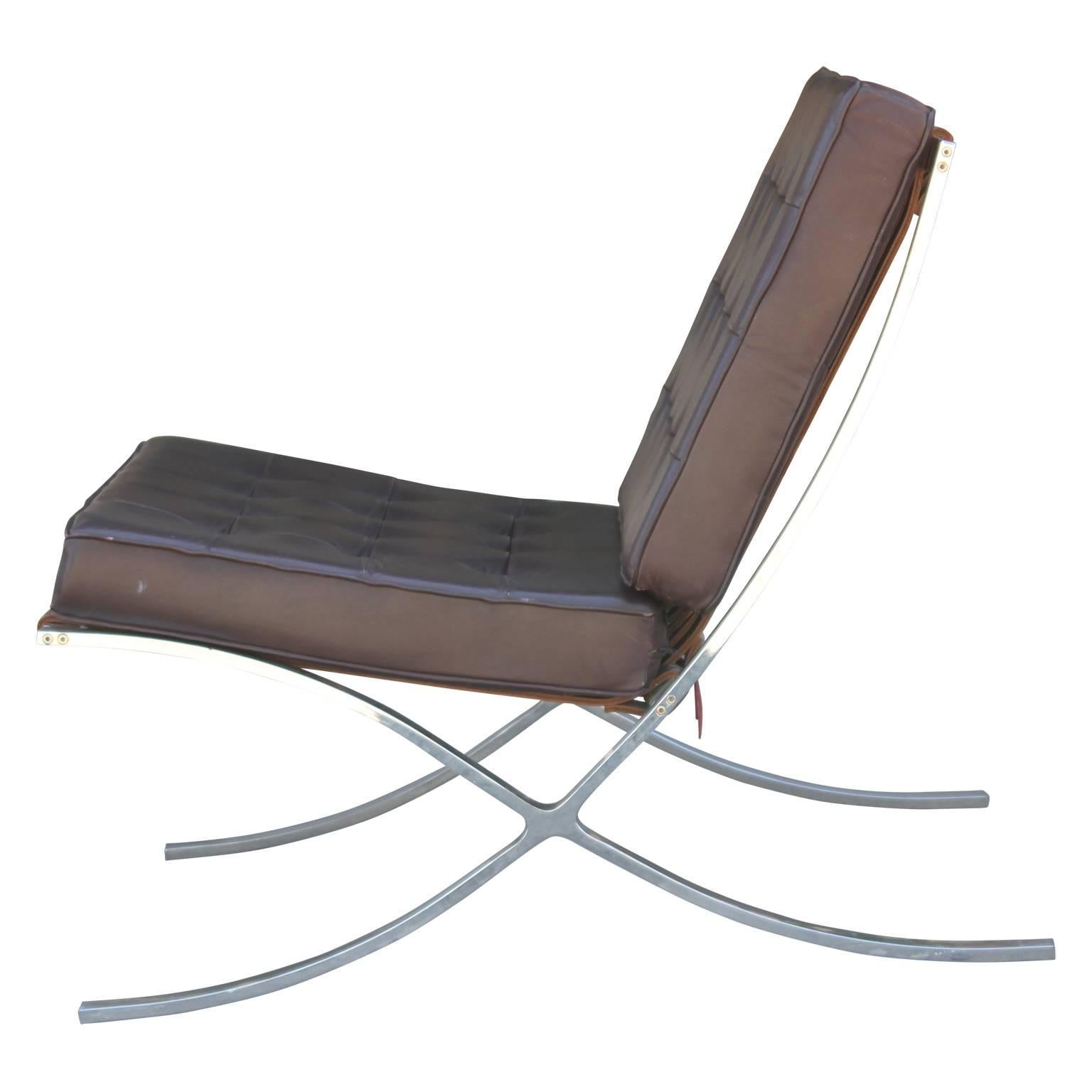 Pair of Modern Knoll Style Dark Brown Leather & Chrome Italian Barcelona Chairs 1