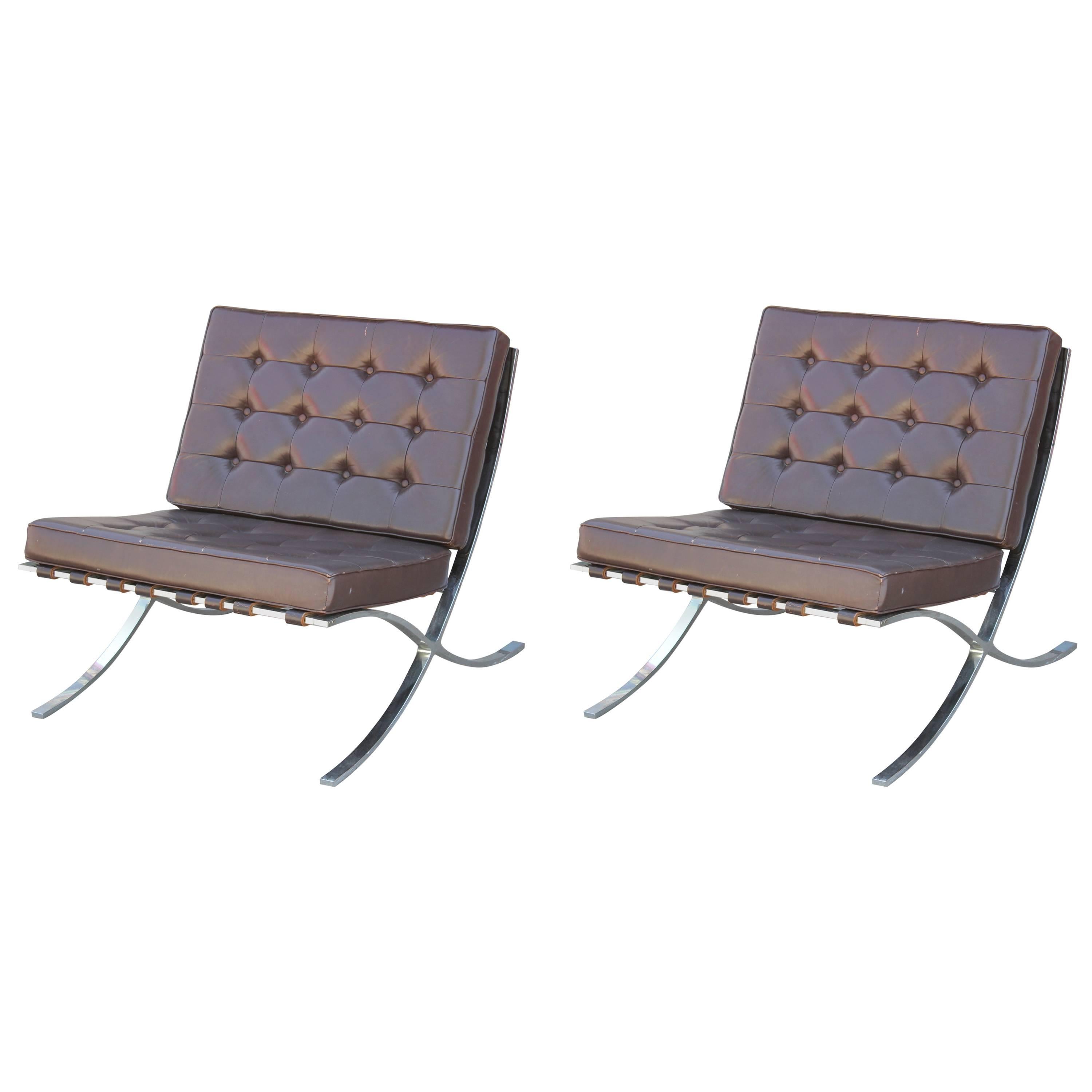 Pair of Modern Knoll Style Dark Brown Leather & Chrome Italian Barcelona Chairs