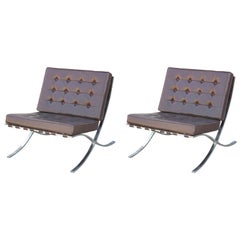 Vintage Pair of Modern Knoll Style Dark Brown Leather & Chrome Italian Barcelona Chairs