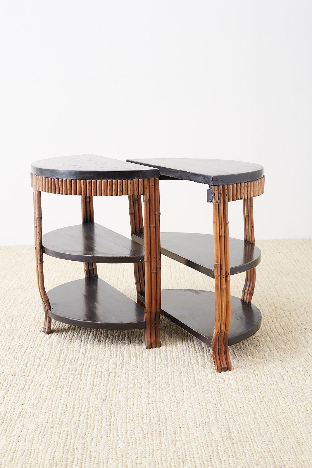 Pair of Modern Lacquered Three-Tier Bamboo Demilune Tables 2