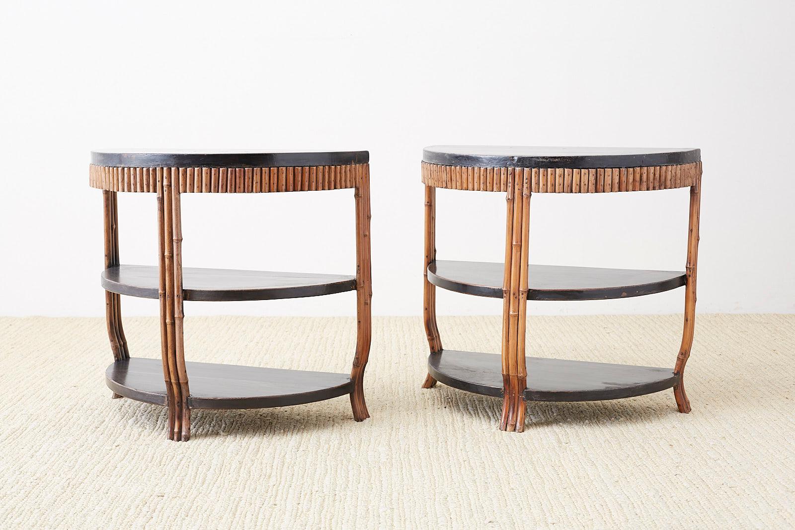 Pair of Modern Lacquered Three-Tier Bamboo Demilune Tables 3