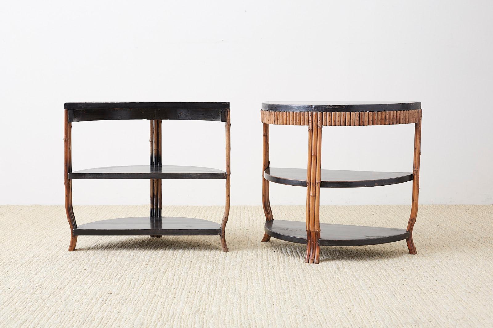 Pair of Modern Lacquered Three-Tier Bamboo Demilune Tables 6