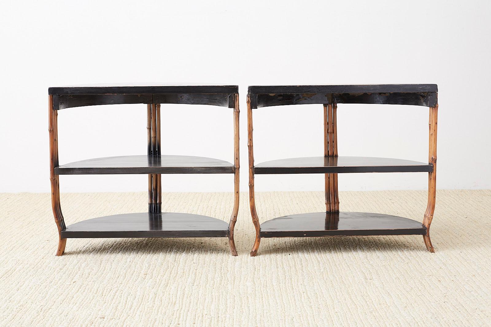 Pair of Modern Lacquered Three-Tier Bamboo Demilune Tables 8