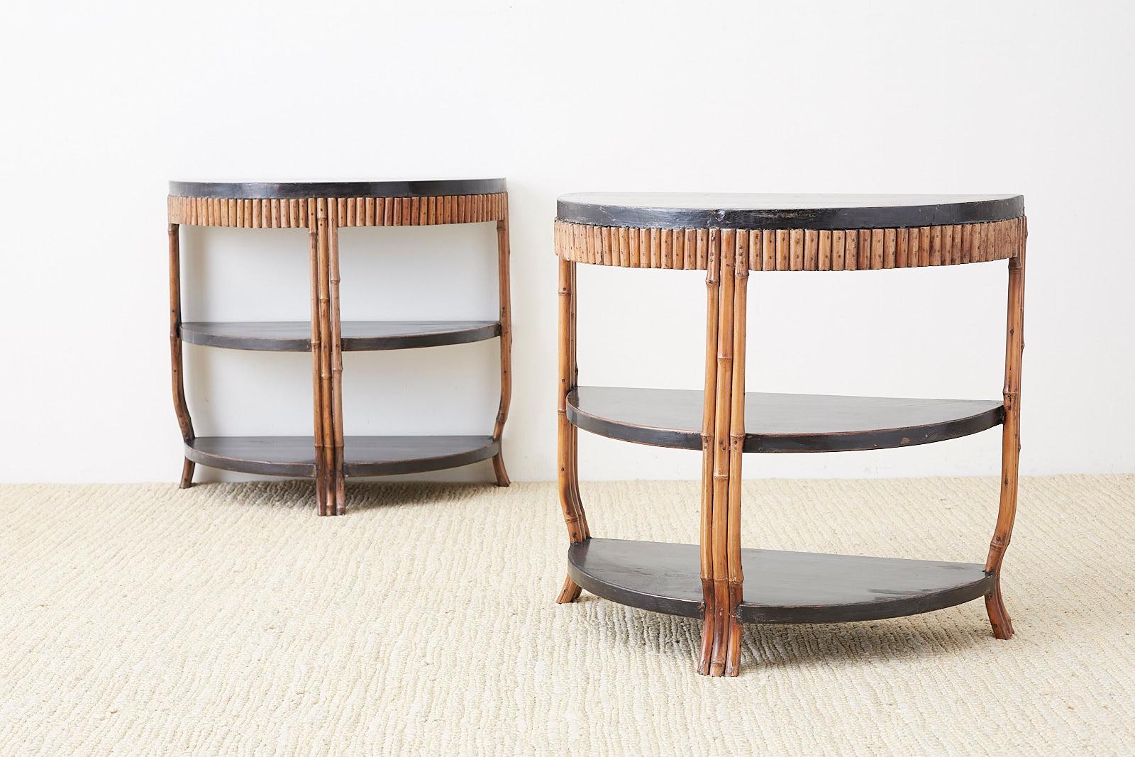 Pair of Modern Lacquered Three-Tier Bamboo Demilune Tables 9