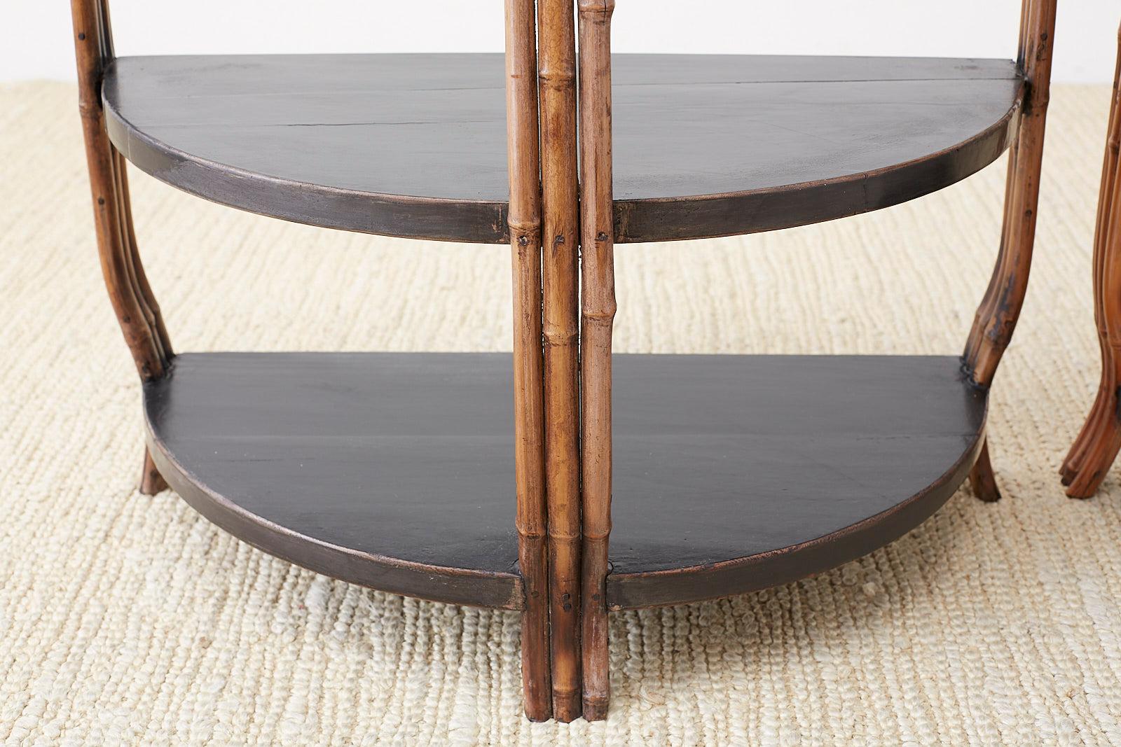 Asian Pair of Modern Lacquered Three-Tier Bamboo Demilune Tables