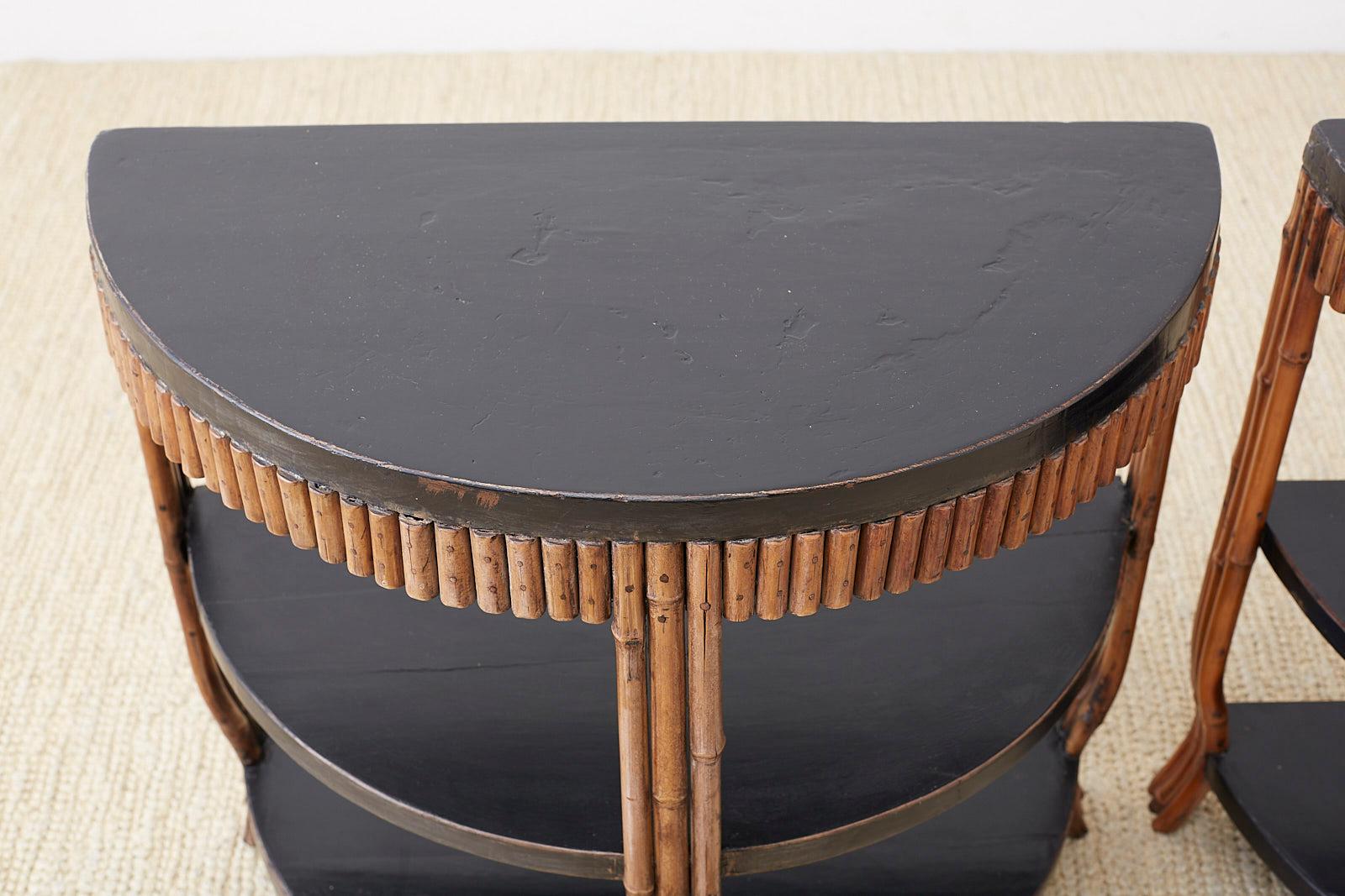 Ebonized Pair of Modern Lacquered Three-Tier Bamboo Demilune Tables