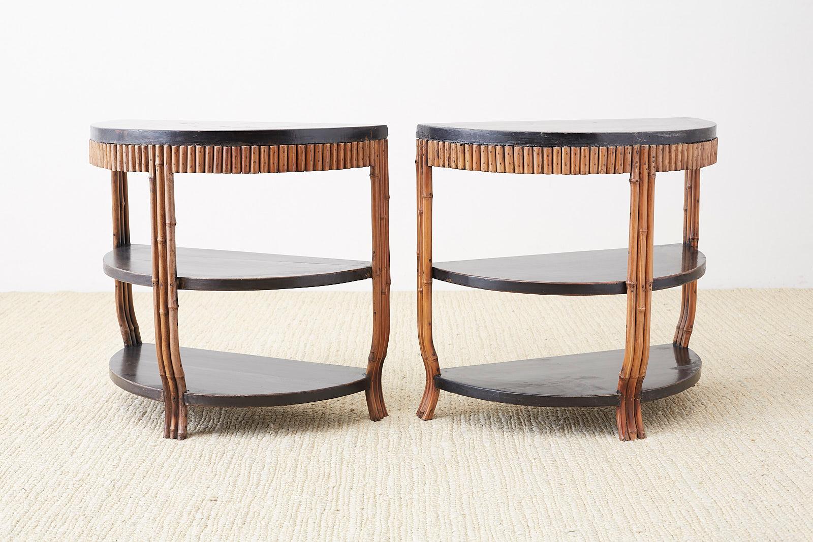 Elm Pair of Modern Lacquered Three-Tier Bamboo Demilune Tables