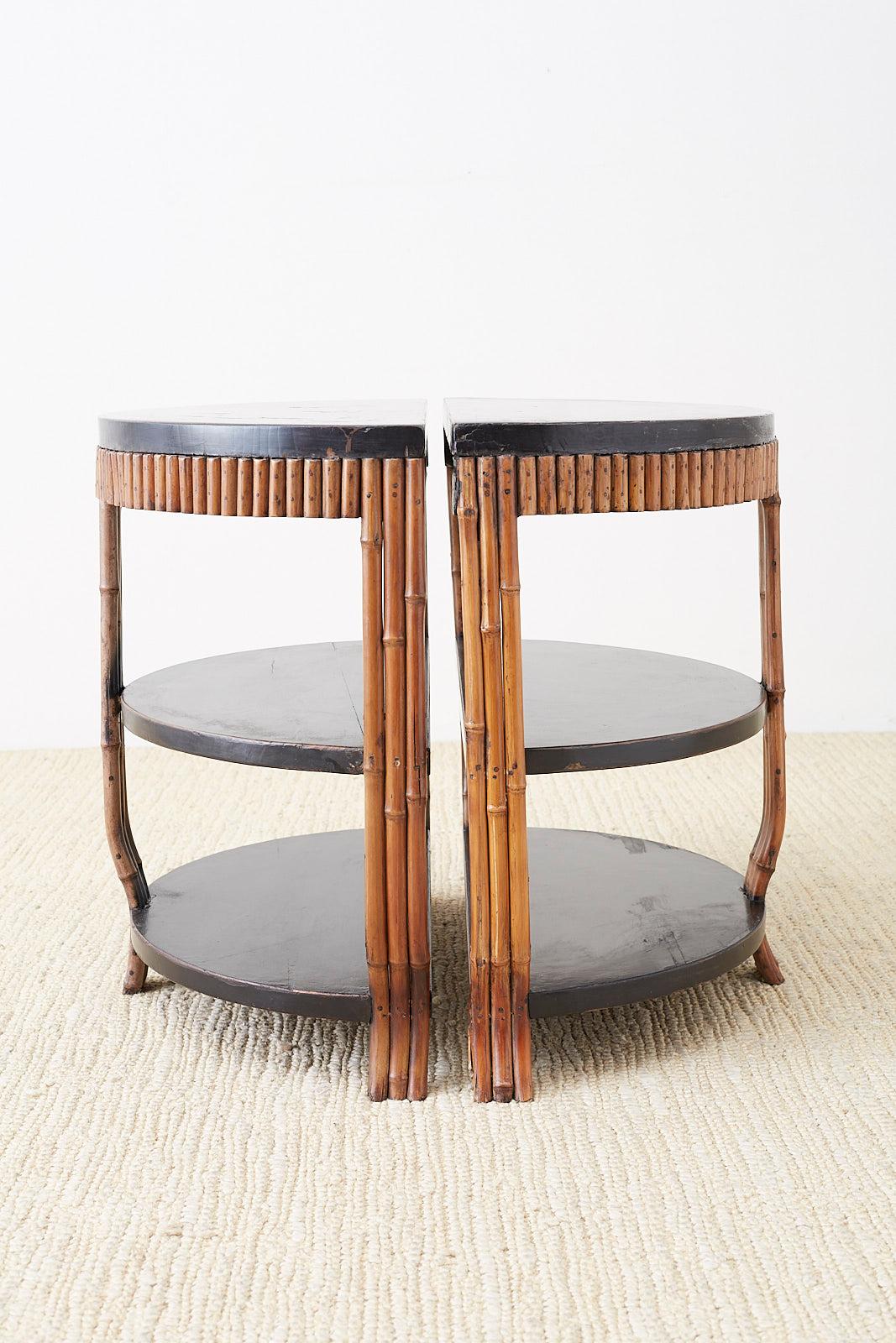 Pair of Modern Lacquered Three-Tier Bamboo Demilune Tables 1