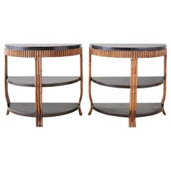 Pair of Modern Lacquered Three-Tier Bamboo Demilune Tables