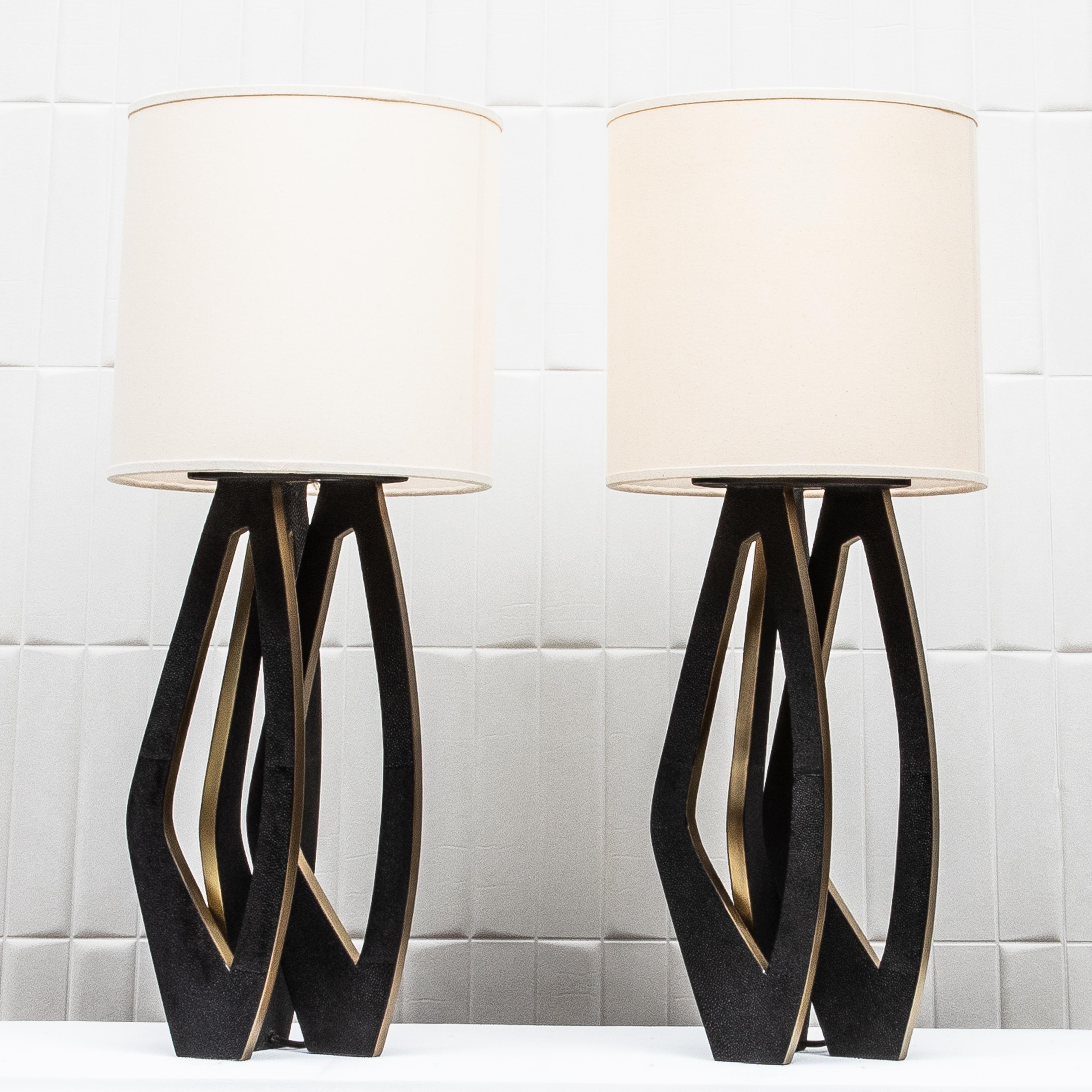 Philippine Pair of Modern Lamps in Black Shagreen with Bronze Patina Brass by R&Y Augousti For Sale