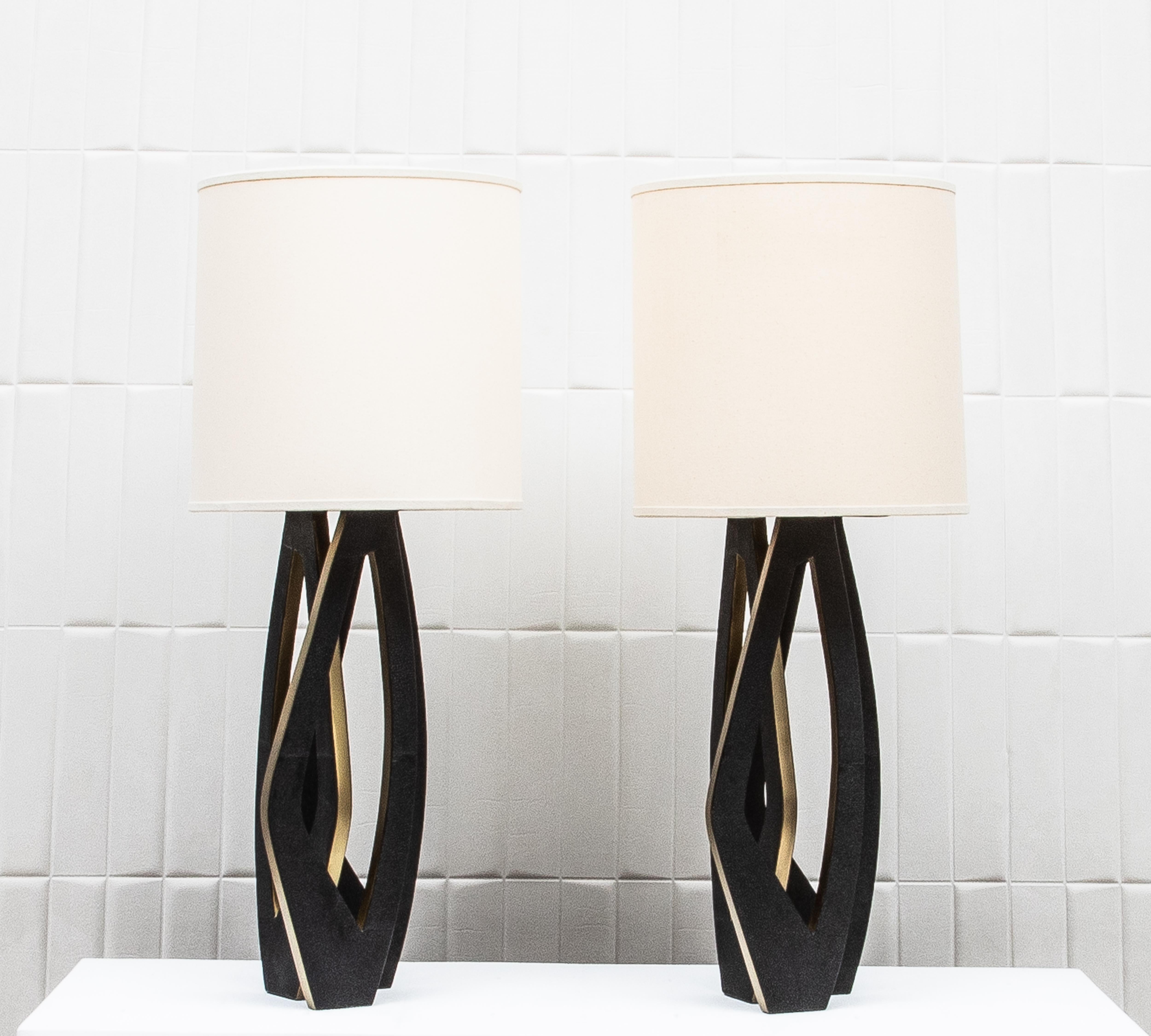 Hand-Crafted Pair of Modern Lamps in Black Shagreen with Bronze Patina Brass by R&Y Augousti For Sale