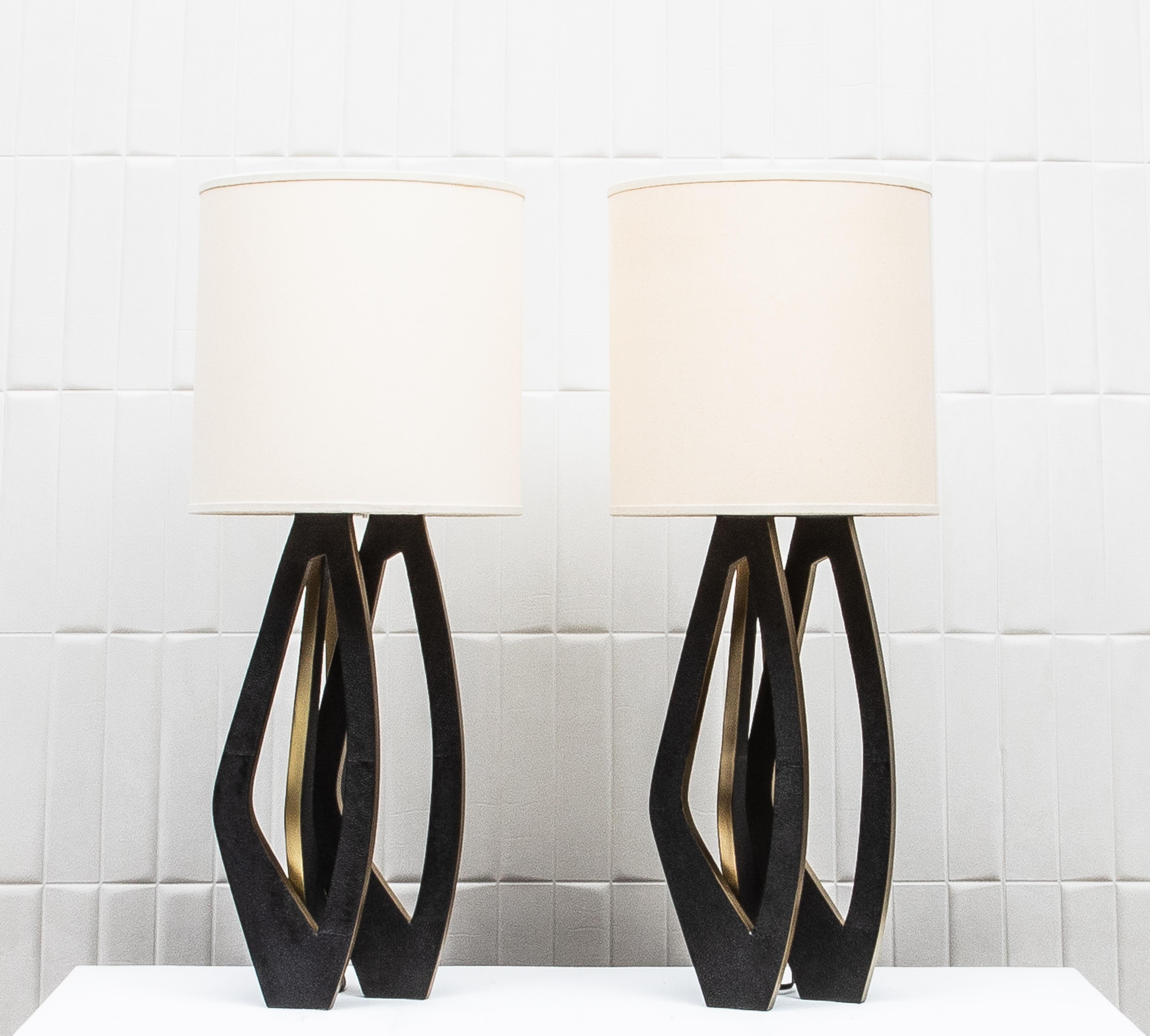 Contemporary Pair of Modern Lamps in Black Shagreen with Bronze Patina Brass by R&Y Augousti For Sale