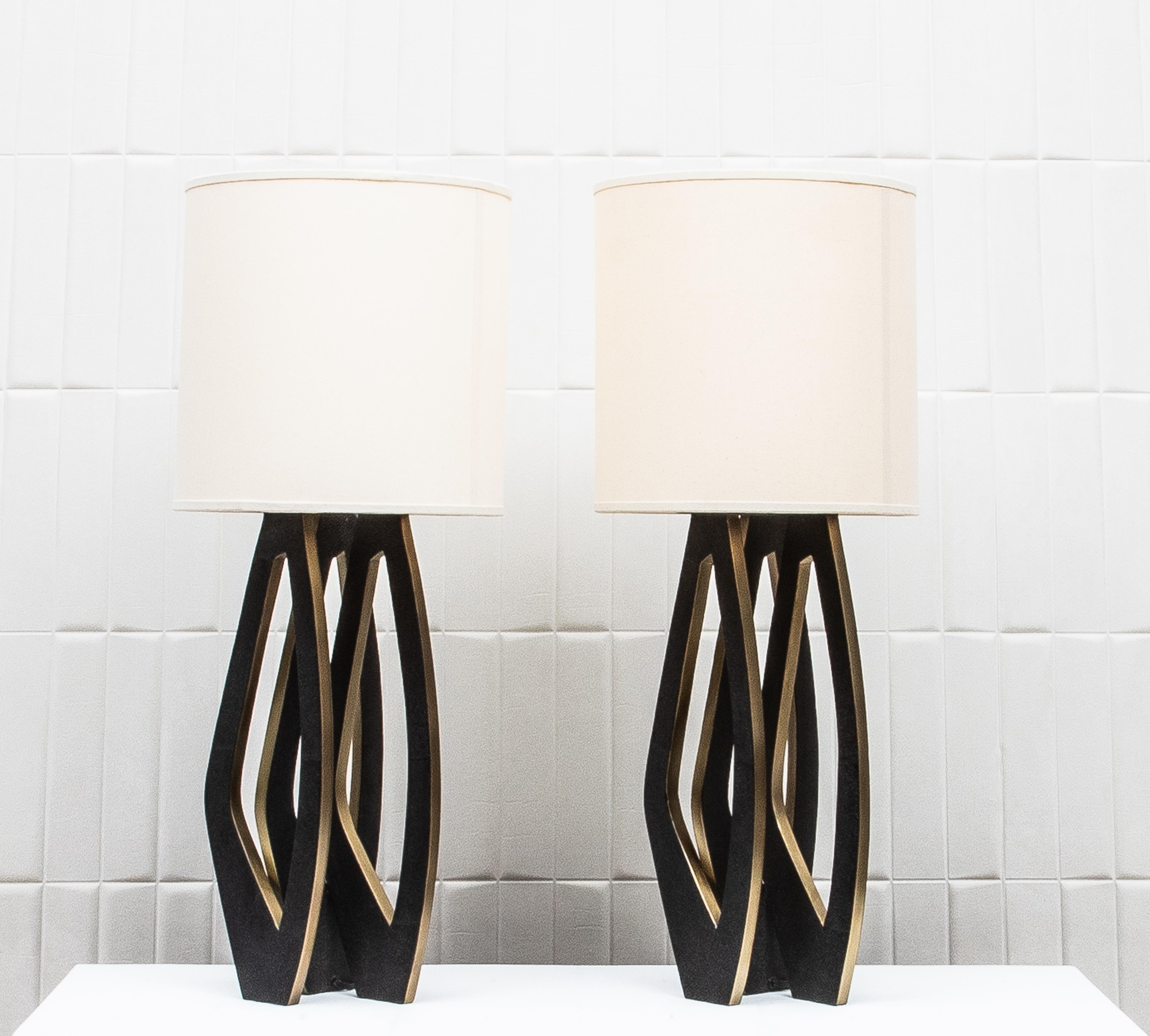 Pair of Modern Lamps in Black Shagreen with Bronze Patina Brass by R&Y Augousti For Sale 1