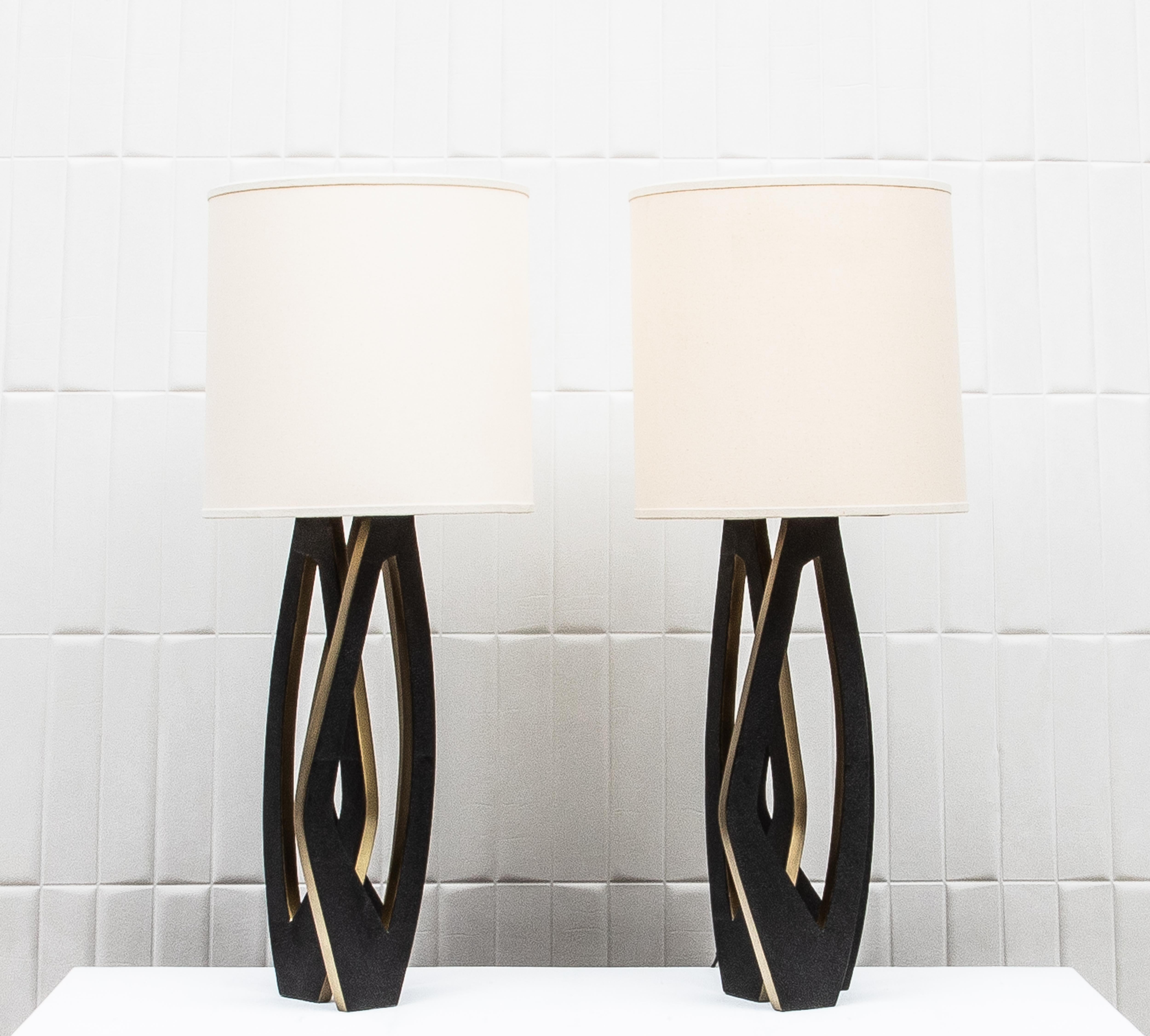 Pair of Modern Lamps in Black Shagreen with Bronze Patina Brass by R&Y Augousti For Sale 2