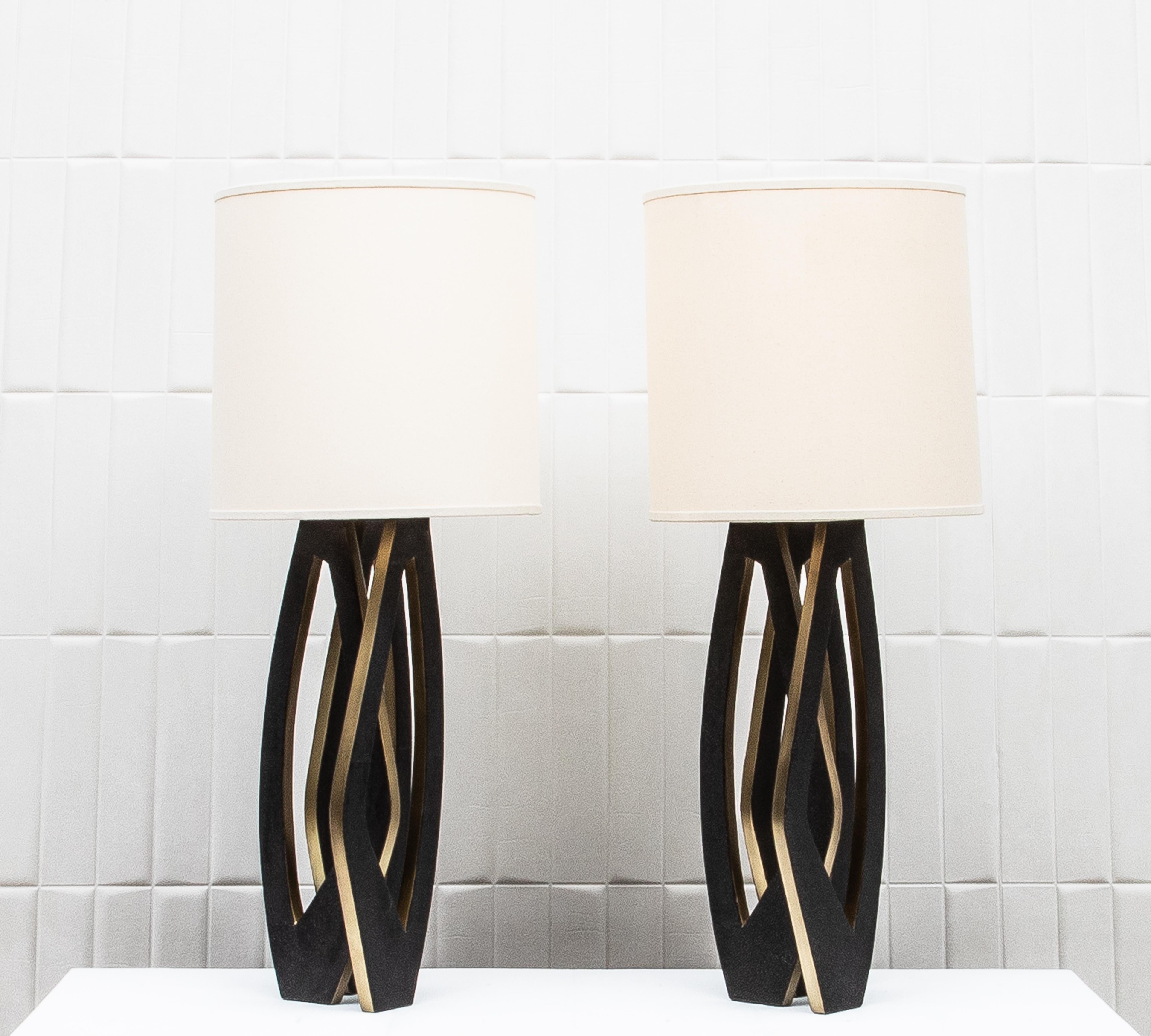 Pair of Modern Lamps in Black Shagreen with Bronze Patina Brass by R&Y Augousti For Sale 3