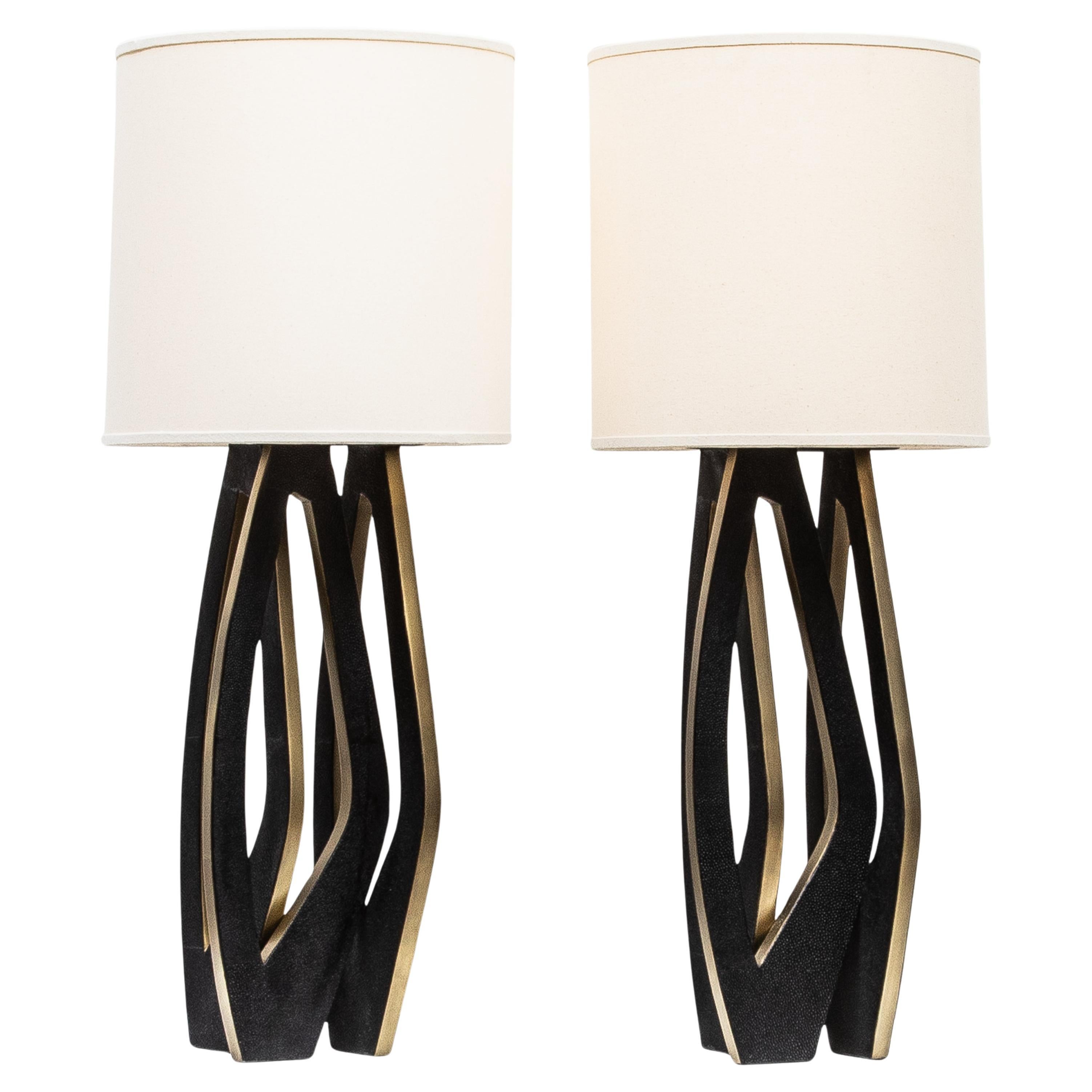 Pair of Modern Lamps in Black Shagreen with Bronze Patina Brass by R&Y Augousti For Sale