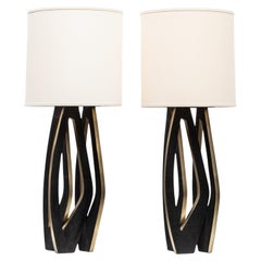Pair of Modern Lamps in Black Shagreen with Bronze Patina Brass by R&Y Augousti