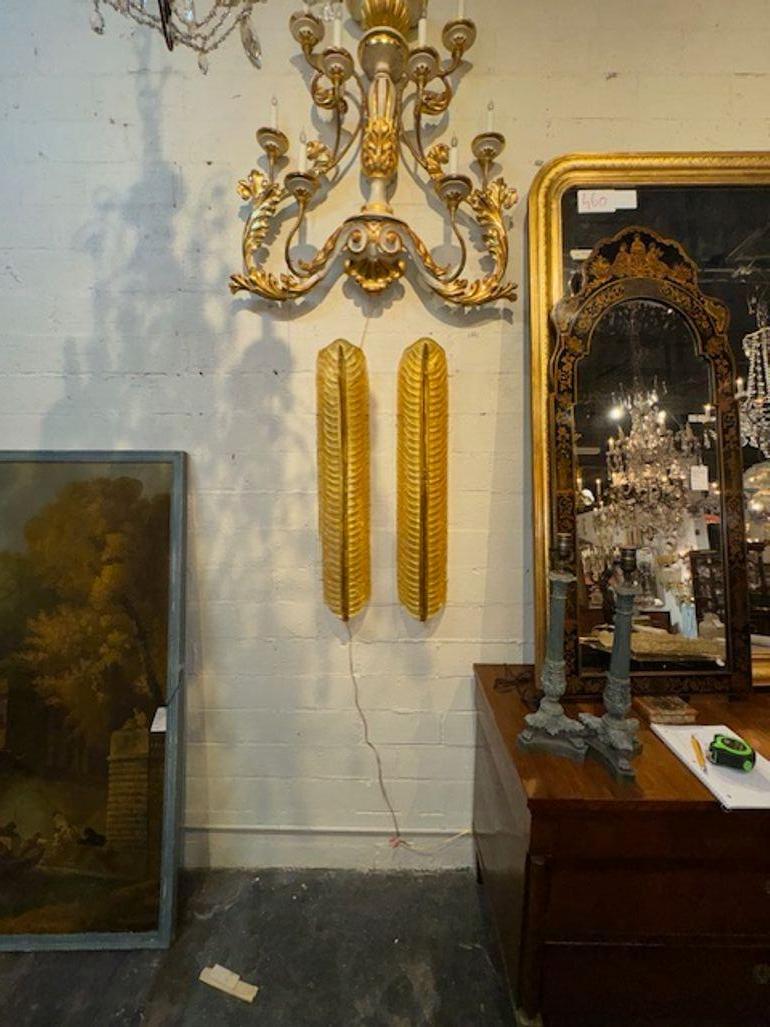 Pair of modern gold large-scale leaf form Murano glass sconces. Creates an upscale designer touch! Pretty. Note: We have 4 pair available.
37.5h x 7w x 4d