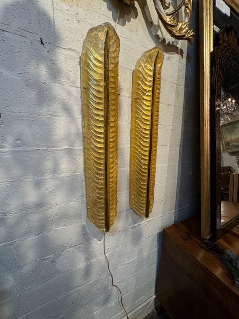 European Pair of Modern Large Scale Leaf Form Murano Glass Sconces For Sale