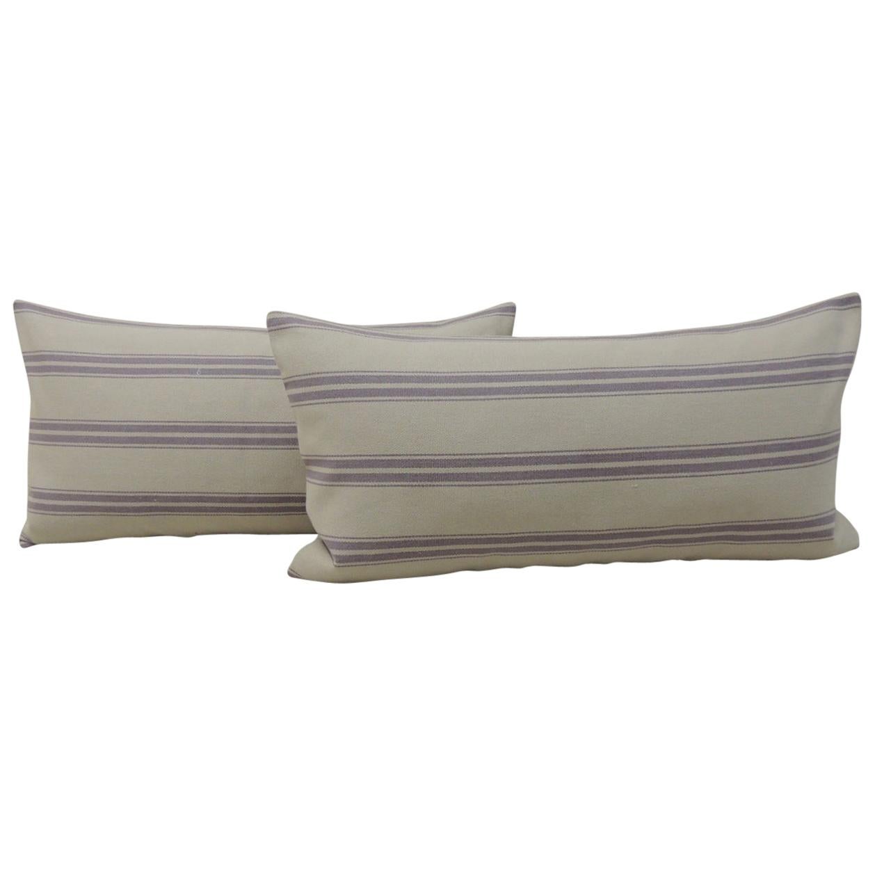 Pair of Modern Blue and White Long Bolster Decorative Pillows For Sale
