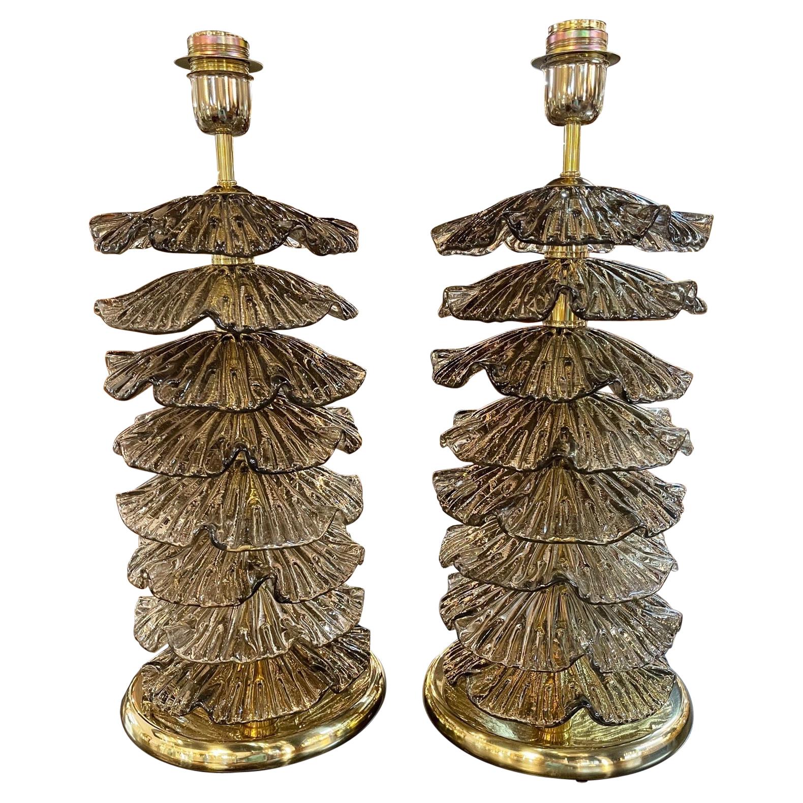 Pair of Modern Layered Murano Glass and Brass Lamps For Sale