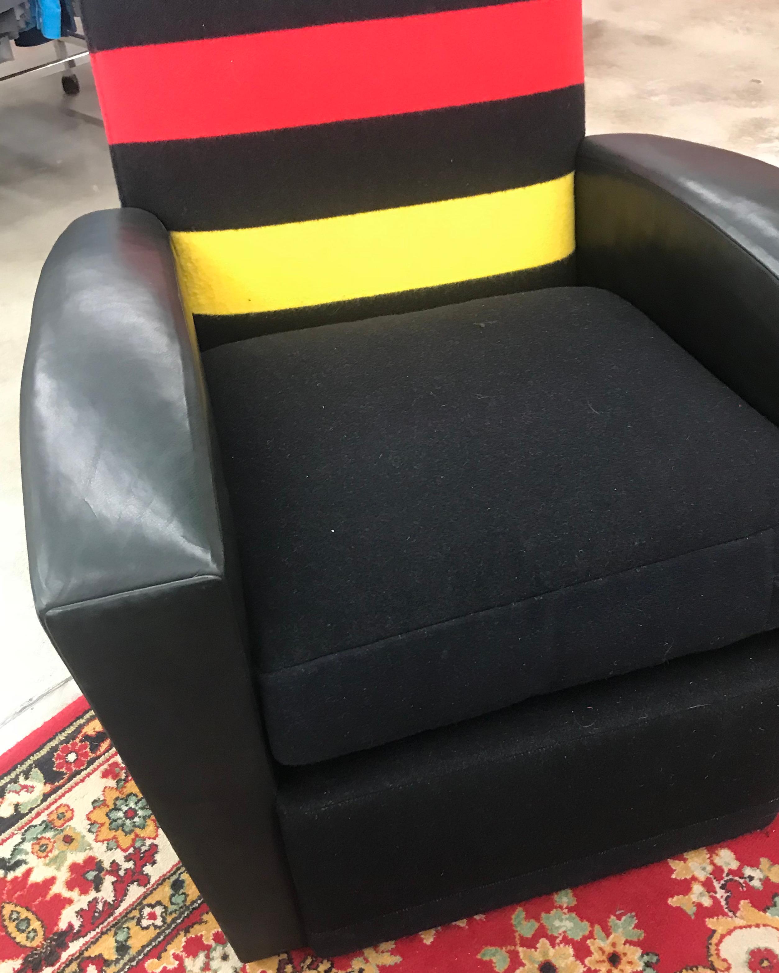 English Pair of Modern Leather and Striped Wool Swivel Chairs