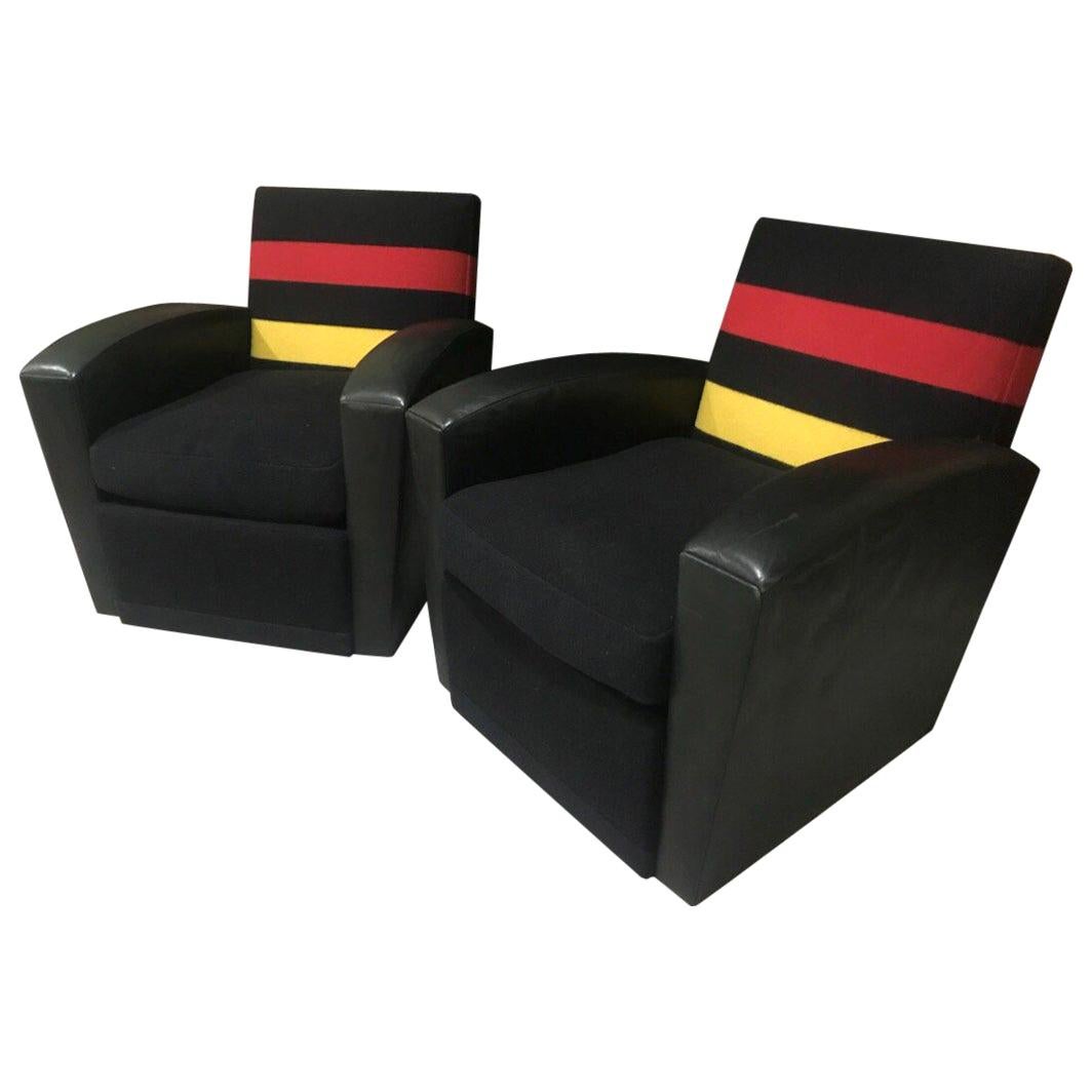 Pair of Modern Leather and Striped Wool Swivel Chairs