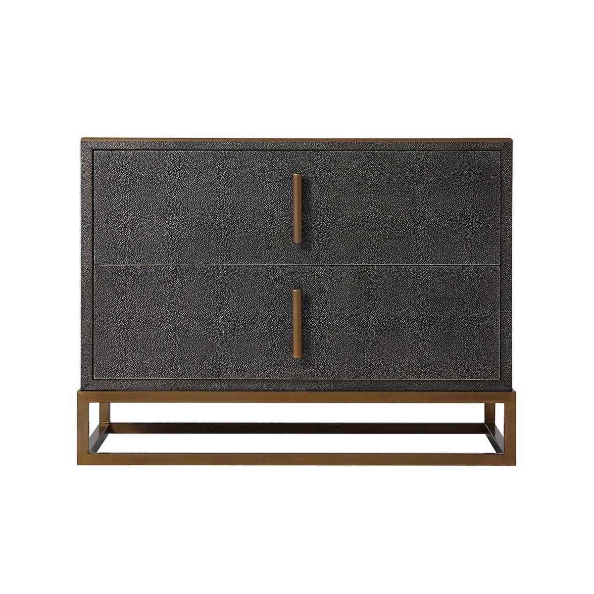 Modern leather nightstand with two drawers, a shagreen embossed dark tempest finish leather and brushed brass finish hardware and an open cube base.

Dimensions: 29.5