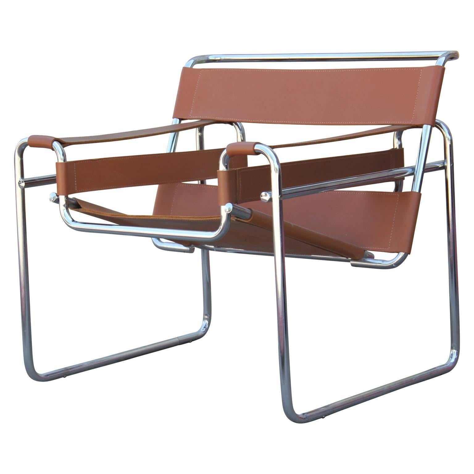 Mid-20th Century Pair of Modern Light Brown Leather and Chrome Wassily Style Sling Chairs