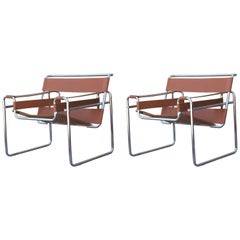 Pair of Modern Light Brown Leather and Chrome Wassily Style Sling Chairs