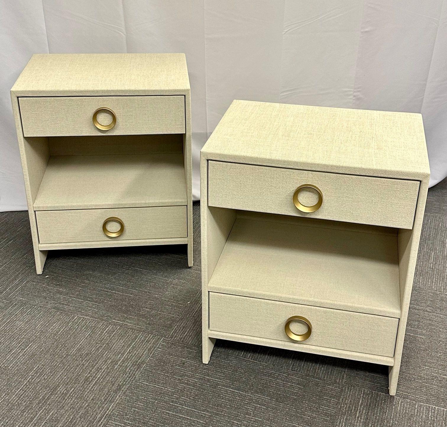Pair of Modern Linen chests, commodes or nightstand, Linen Wrapped, American
Custom quality pair of chests each wooden wrapped in Linen made in America. This finely decorative pair of bedside tables or end tables are wide and quite functional in