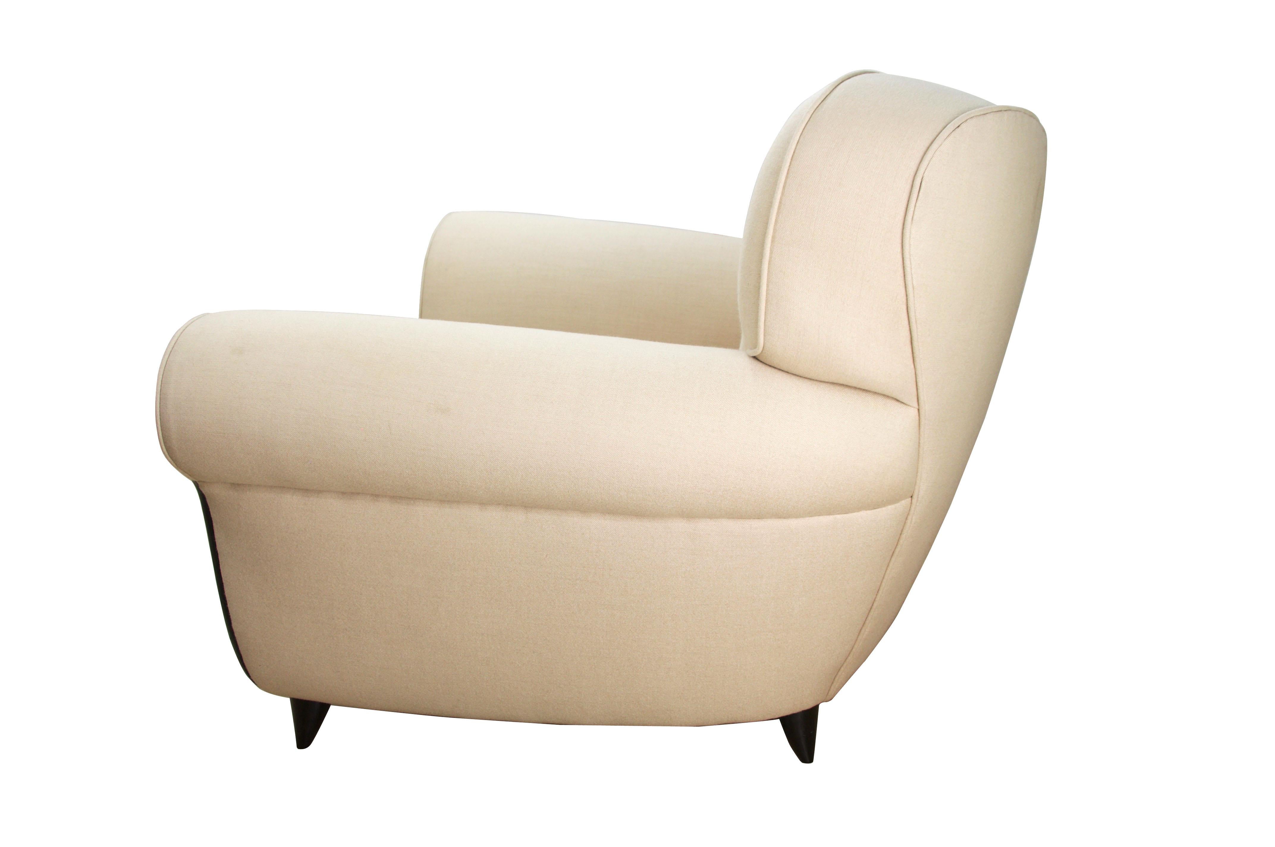 Art Deco Pair MCM Lounge Chairs by Guglielmo Ulrich, Italian, White Silk/Linen Lelievre 