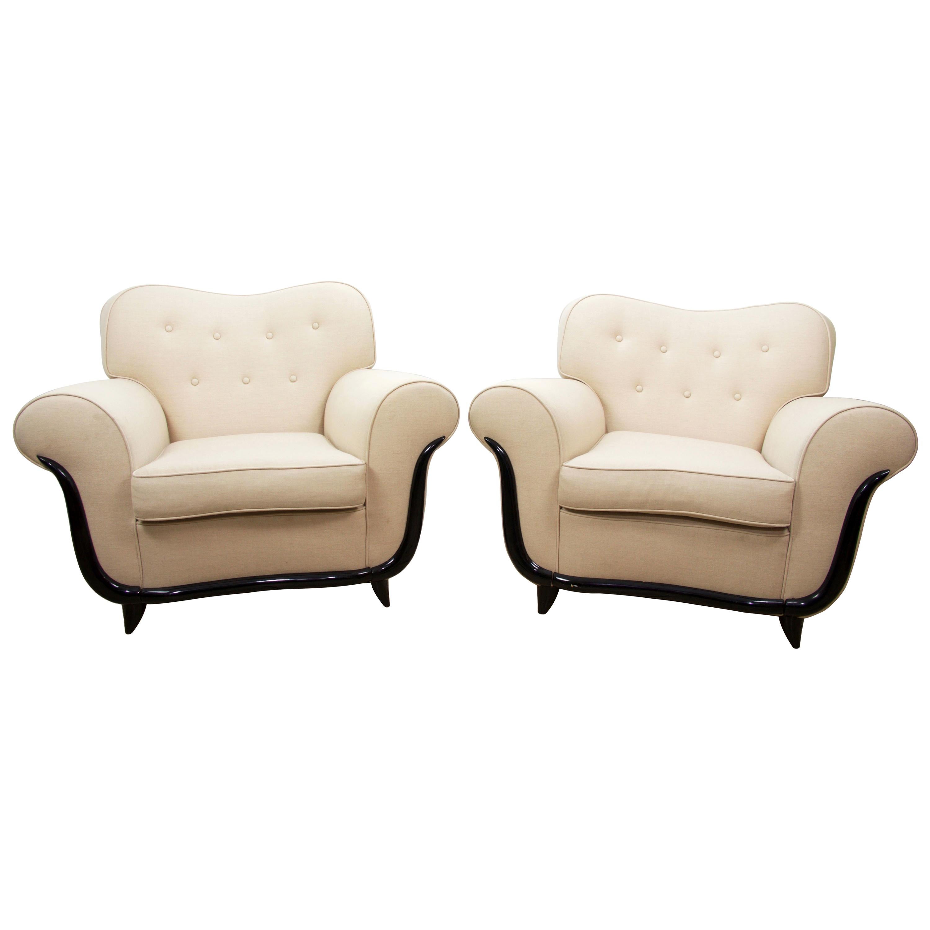 Pair MCM Lounge Chairs by Guglielmo Ulrich, Italian, White Silk/Linen Lelievre 