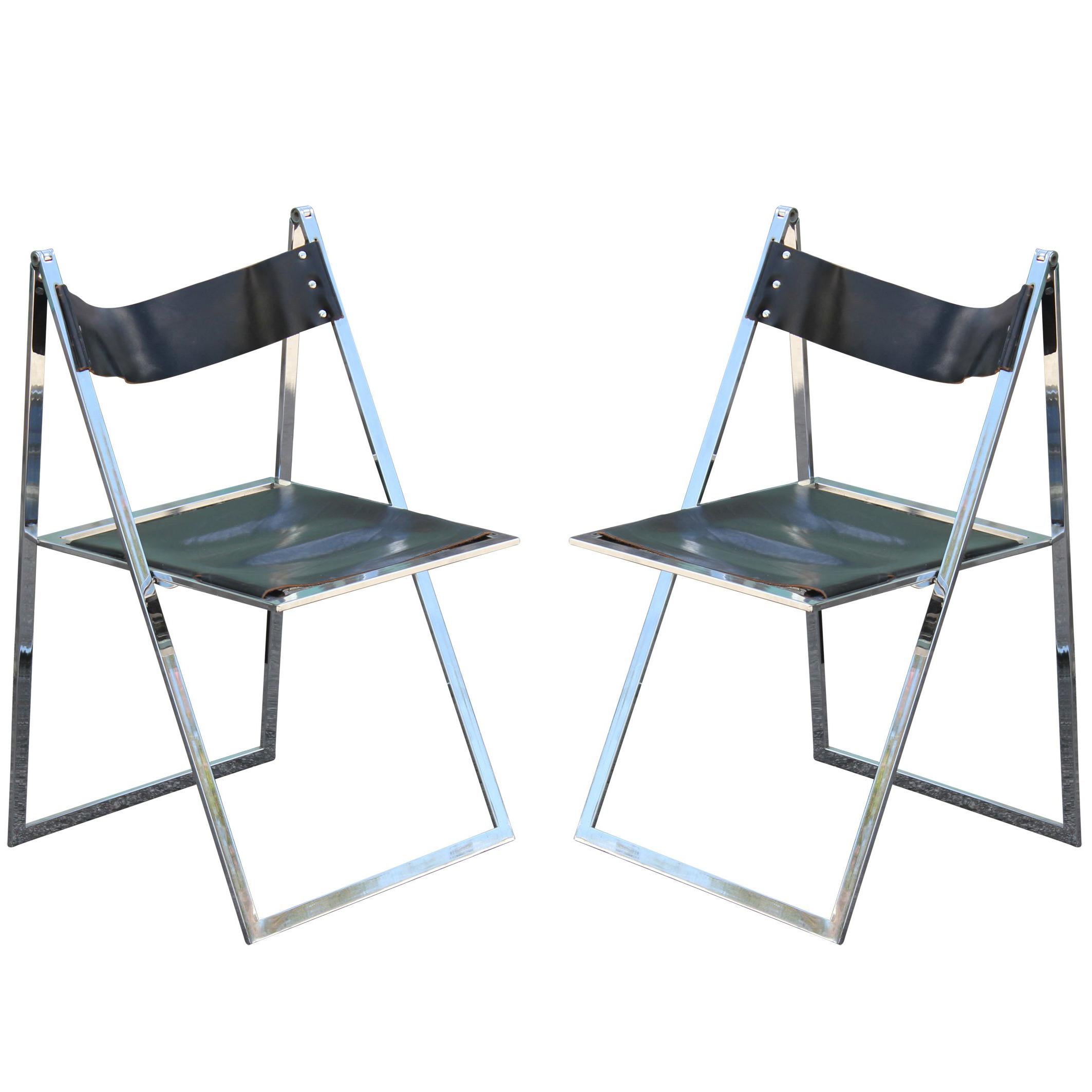Pair of Modern Lübke Black Leather and Chrome Folding Dining Chairs