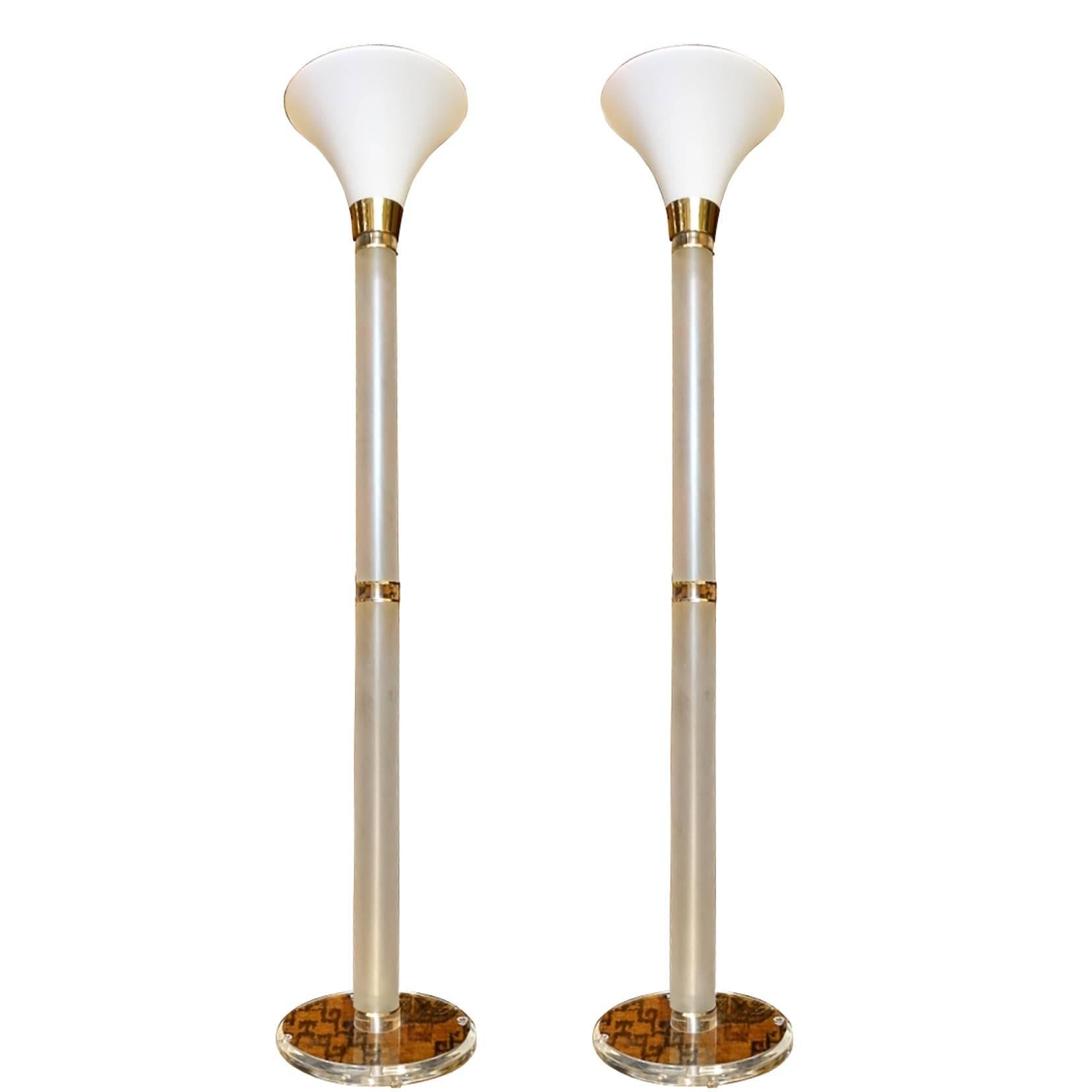 Pair of Modern Lucite and Glass Floor Lamps For Sale
