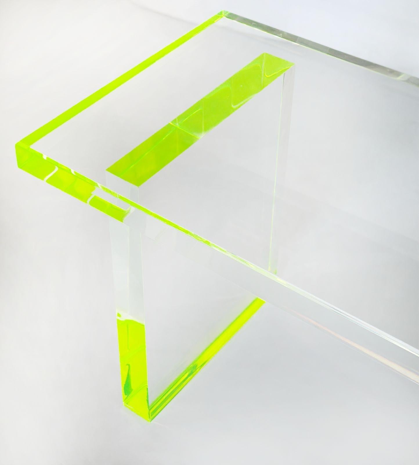 American Pair of Modern Lucite Benches w/ Fluorescent Green Details by Pegaso Gallery For Sale