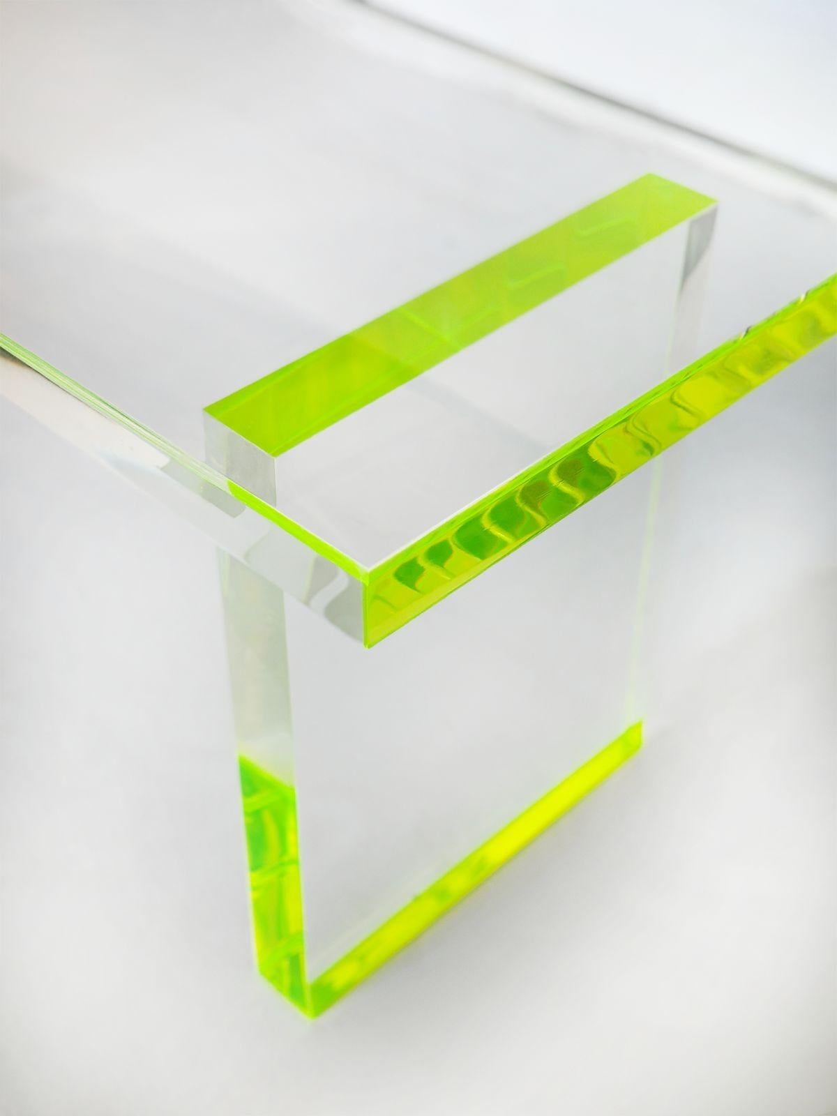 Pair of Modern Lucite Benches w/ Fluorescent Green Details by Pegaso Gallery In New Condition For Sale In Los Angeles, CA