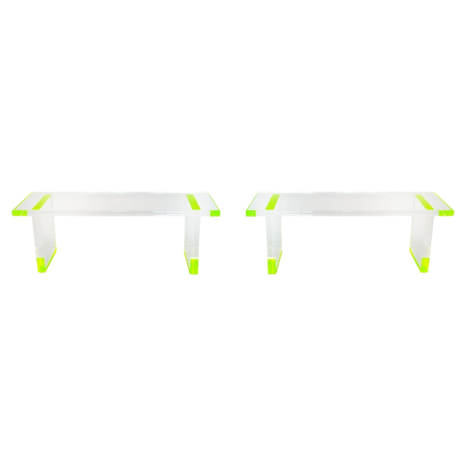 Pair of Modern Lucite Benches w/ Fluorescent Green Details by Pegaso Gallery For Sale