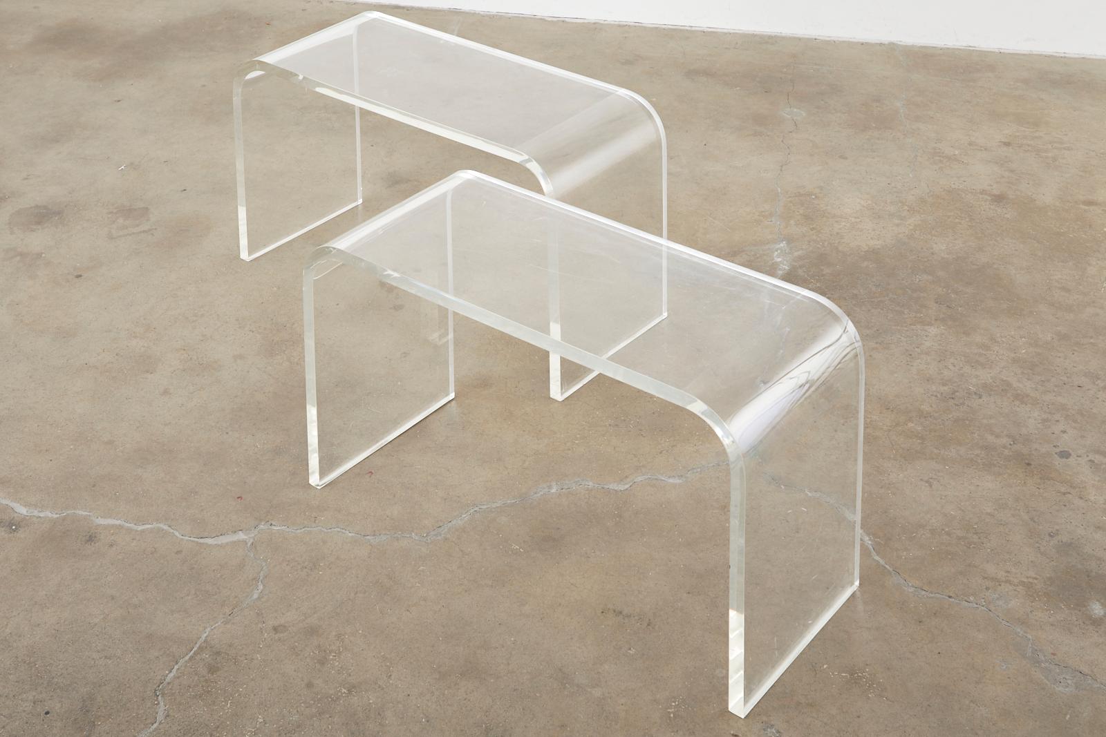 Acrylic Pair of Modern Lucite Waterfall Benches or Drink Tables For Sale