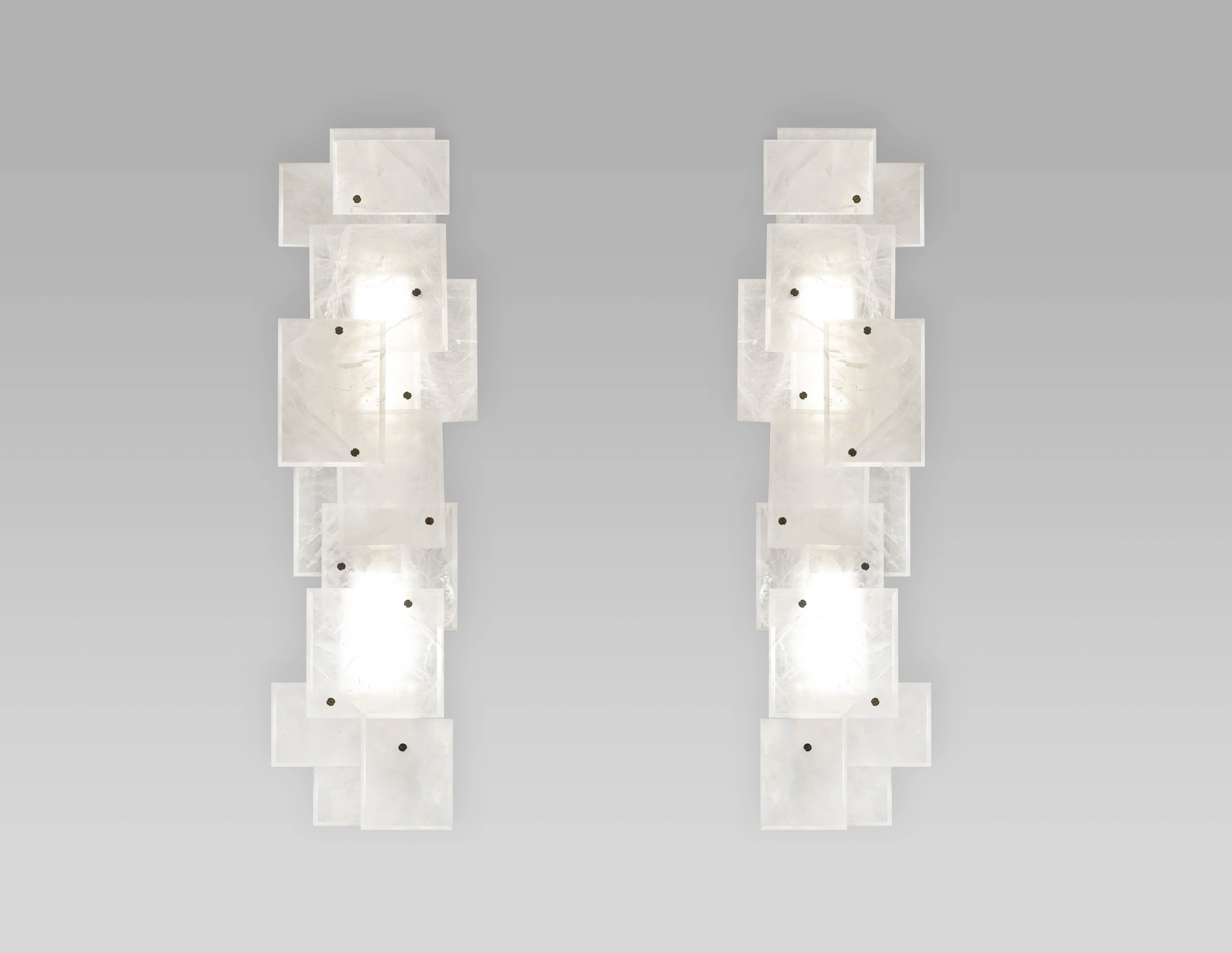 Modern rock crystal quartz sconces with multiple panels decorations in matt nickel finish. Created by Phoenix Gallery.
Each sconce has two sockets, use LED, long tube, warm lights.
Four 60 watts LED, warm lights are included. 
