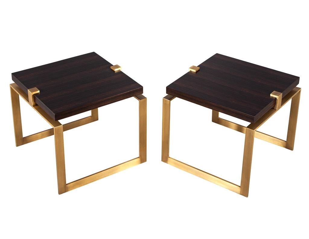 Art Deco Pair of Modern Macassar and Brass End Tables For Sale