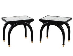 Pair of Modern Marble Top Black and White End Tables with Curved Legs