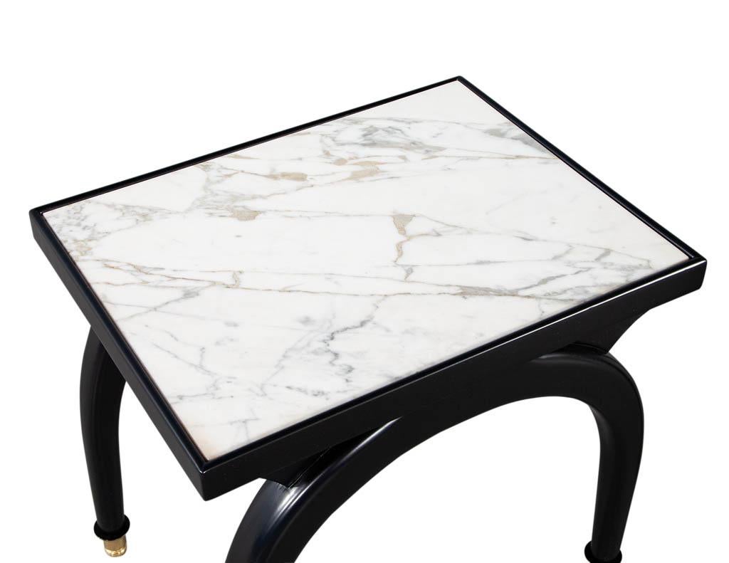 American Pair of Modern Marble Top Black and White End Tables with Curved Legs