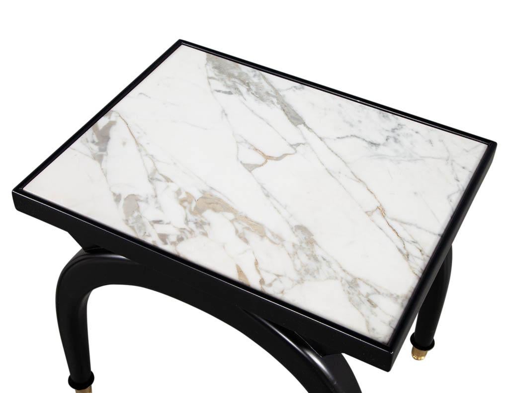 Pair of Modern Marble Top Black and White End Tables with Curved Legs In Good Condition In North York, ON