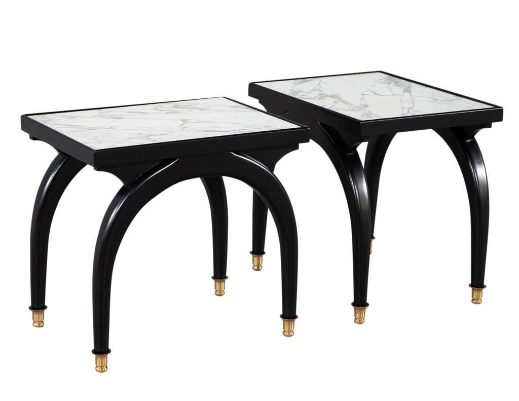 Late 20th Century Pair of Modern Marble Top Black and White End Tables with Curved Legs