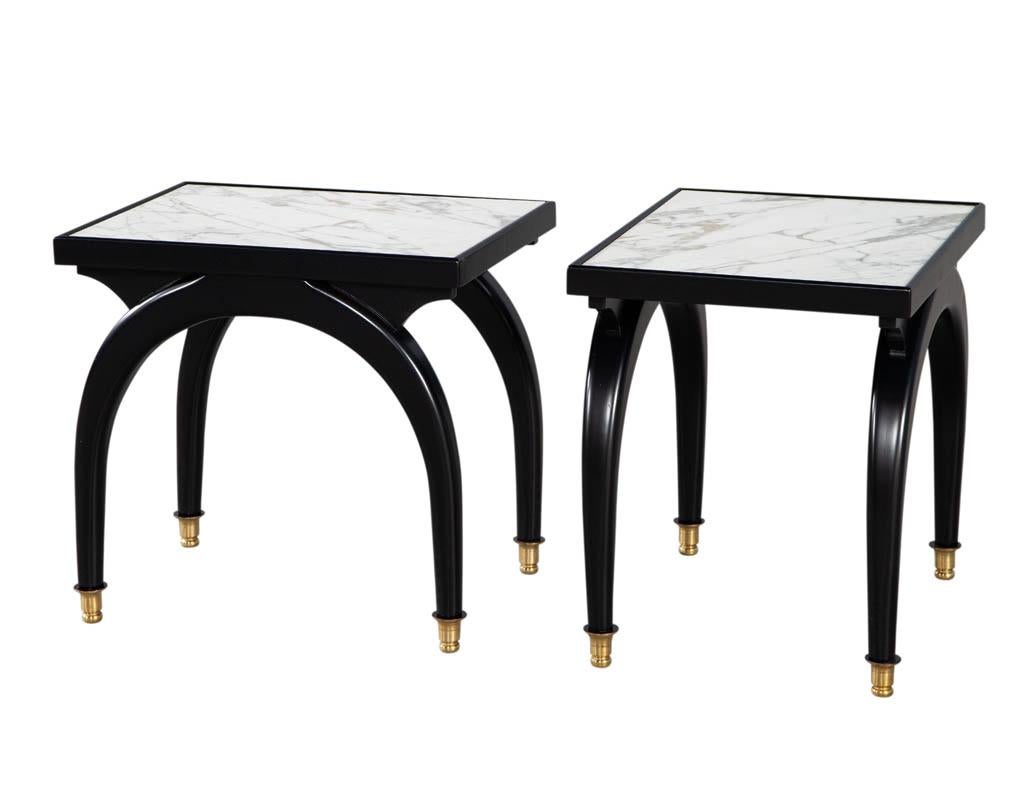 Brass Pair of Modern Marble Top Black and White End Tables with Curved Legs