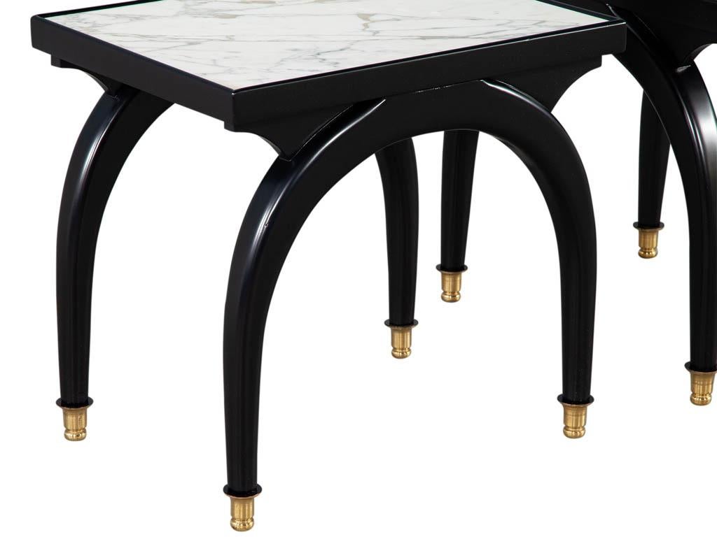 Pair of Modern Marble Top Black and White End Tables with Curved Legs 1