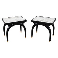 Pair of Modern Marble Top Black and White End Tables with Curved Legs