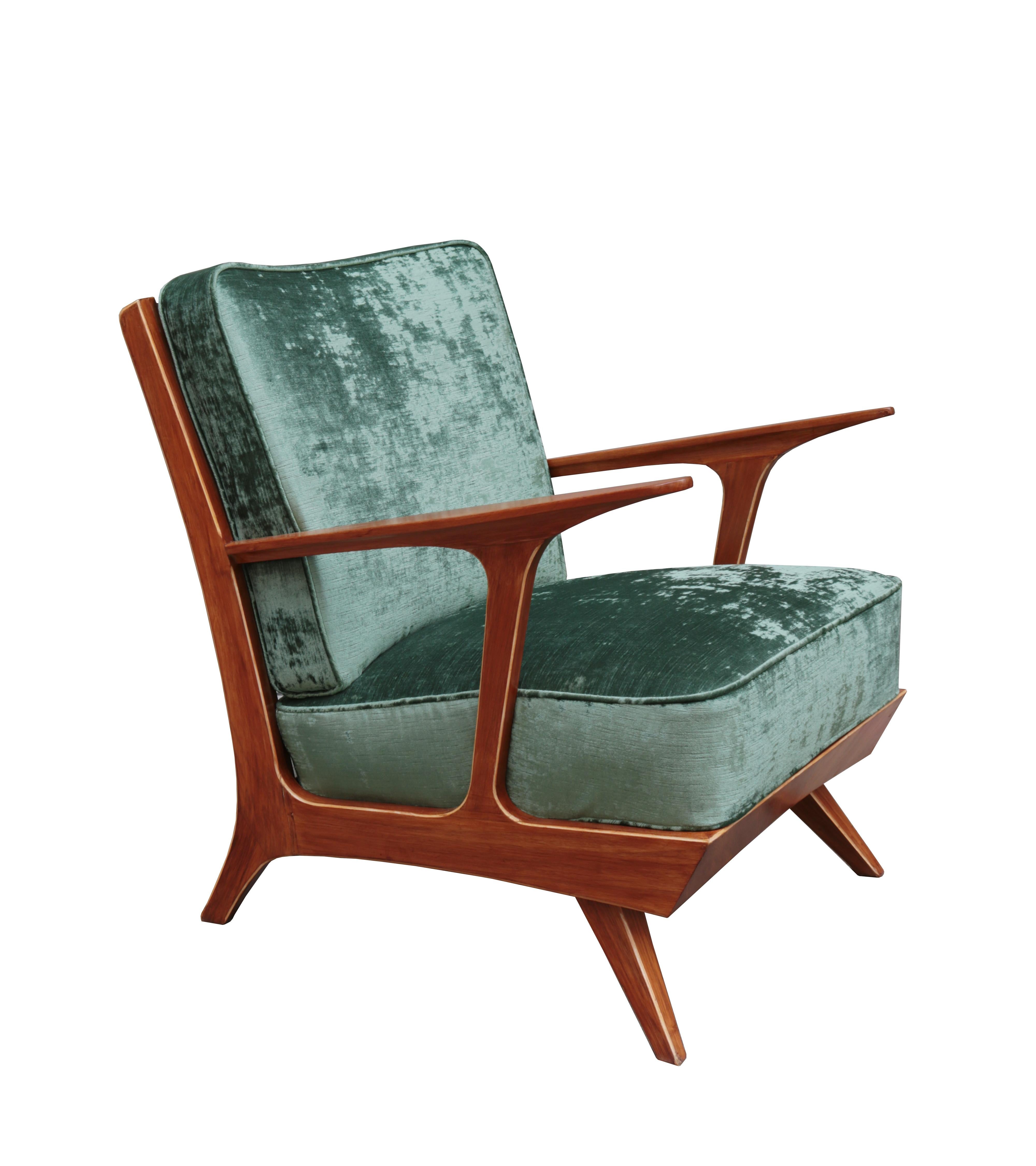Pair of modern midcentury armchairs. Mahogany with contrast edge detail.