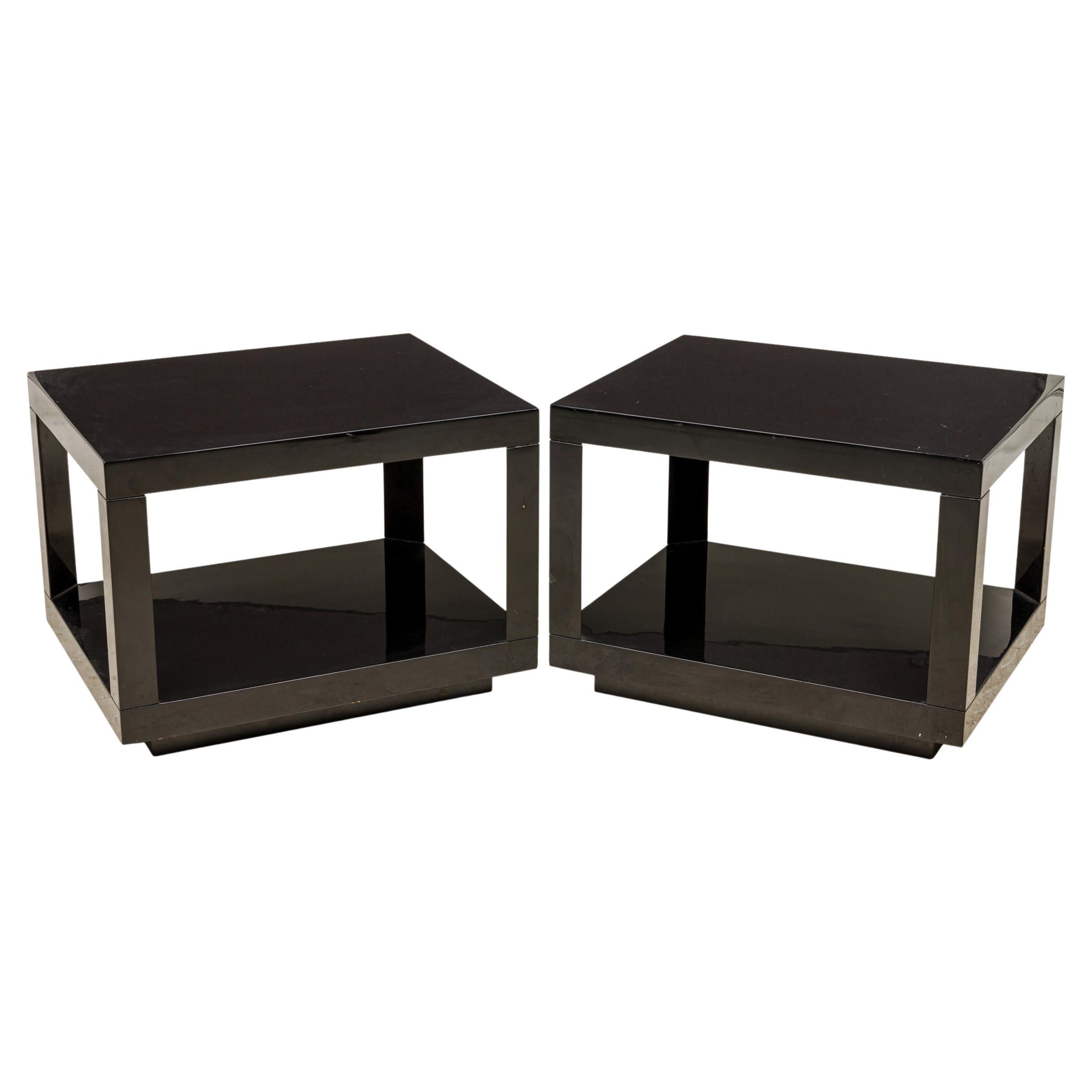 Pair of Modern Midnight Blue Lacquered Rectangular End / Side Tables